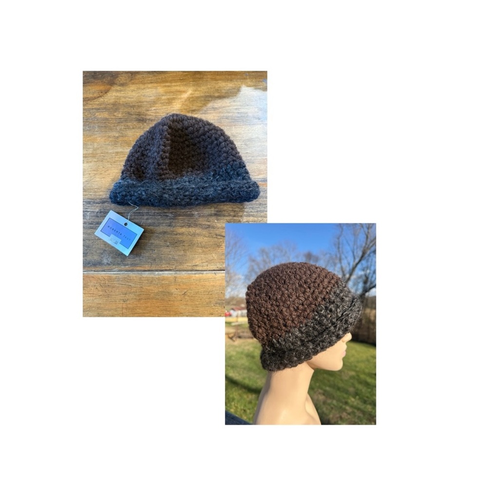 New Hand Knitted Warm Fuzzy Wool Blend Wool Winter Hat Beanie Med Black & Brown